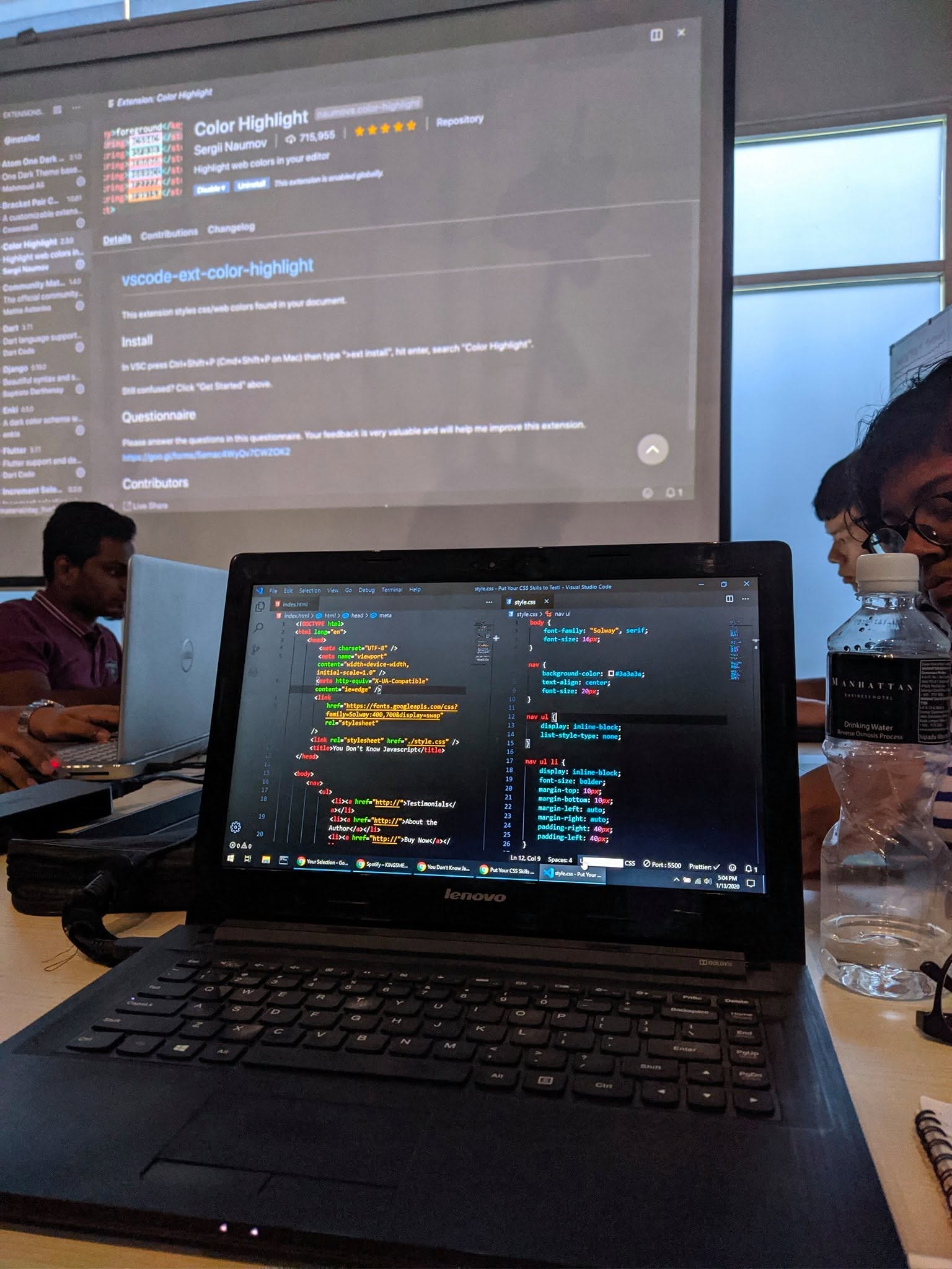 Coding session with VS Code on projector